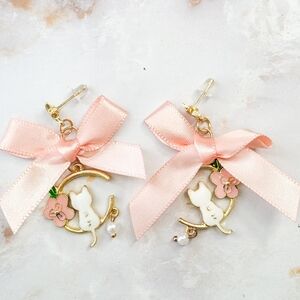 Whimsical Cat on Moon Drop Earrings Pink Bow & Sakura Blossom Dangle Jewelry